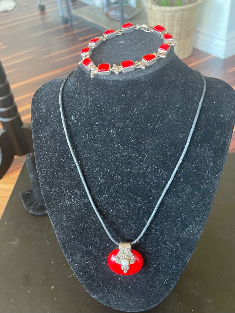 Sterling Silver & Red Stone Pendant Necklace and Bracelet Set - Women's Jewelry